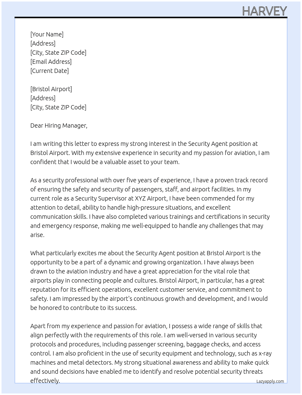 Security Agent At Bristol Airport  Cover Letter