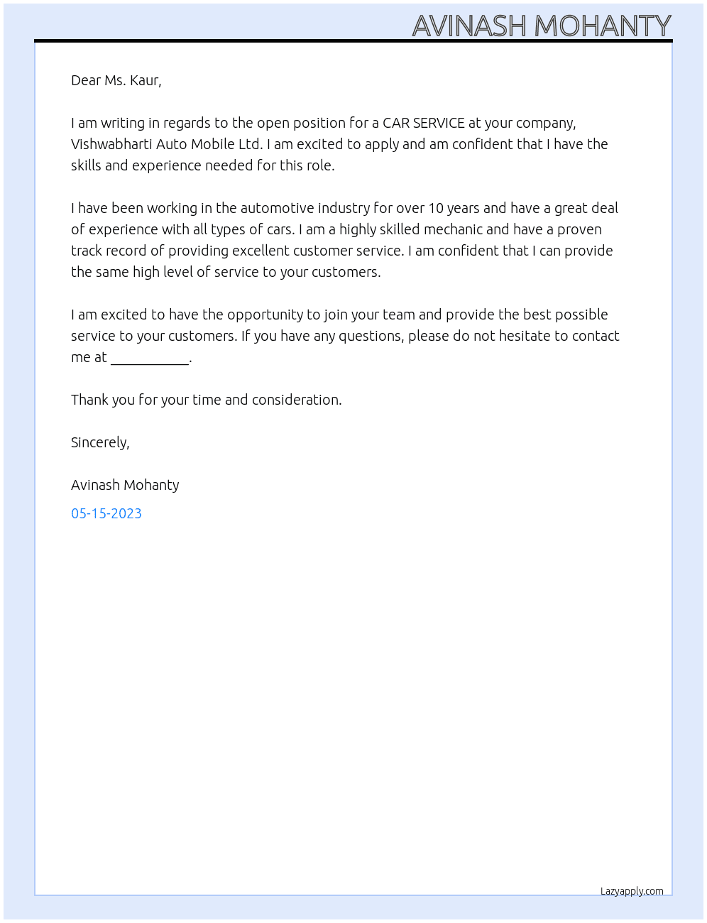 CAR SERVICE At REFUND Cover Letter