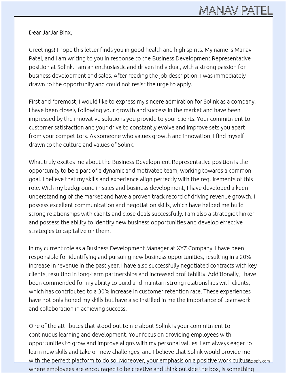 Business Development Representative At Solink Cover Letter
