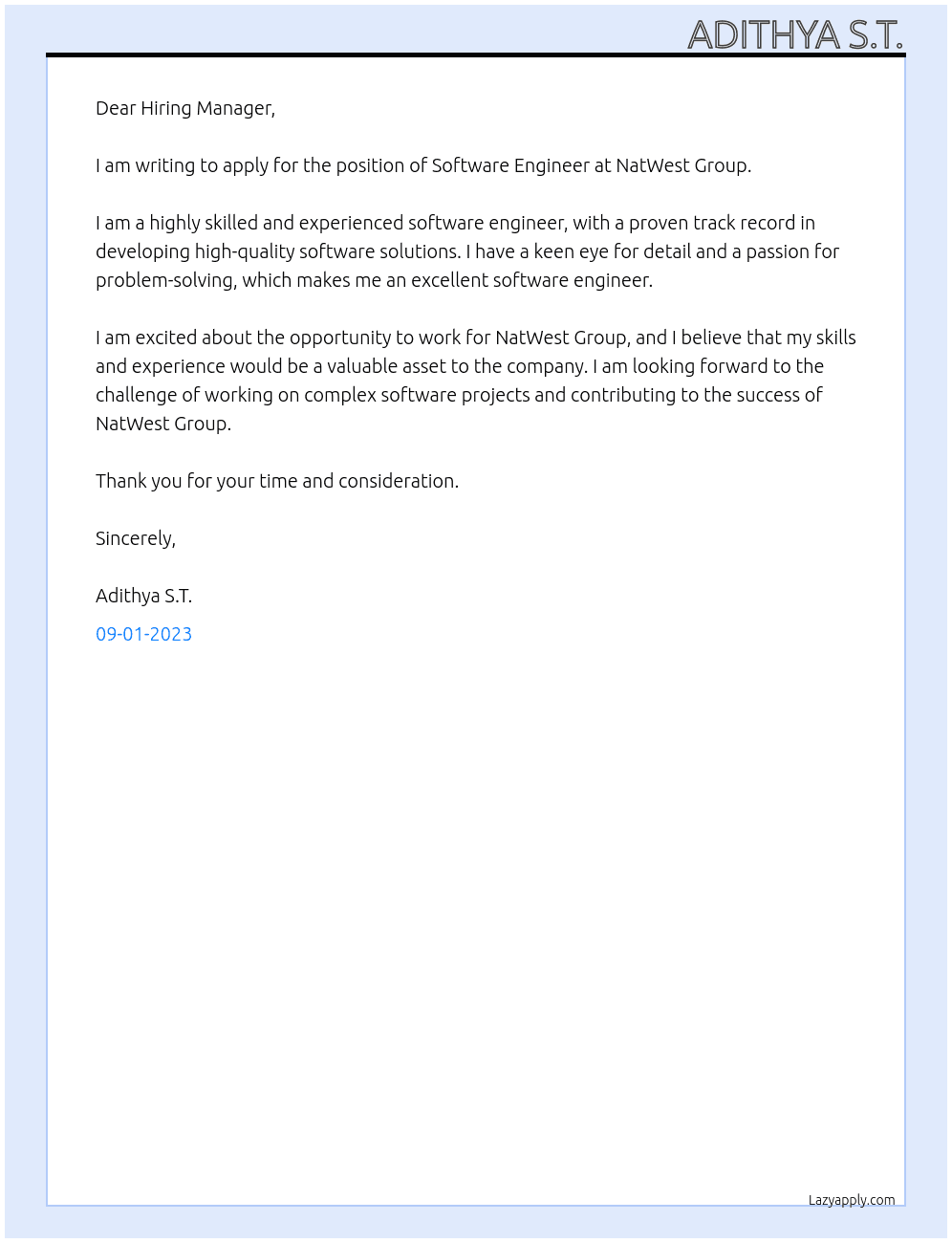 Software Engineer At NatWest Group Cover Letter