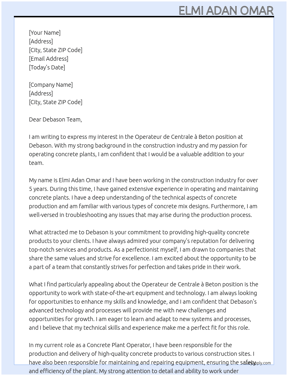 operateur de centrale à beton At debason Cover Letter
