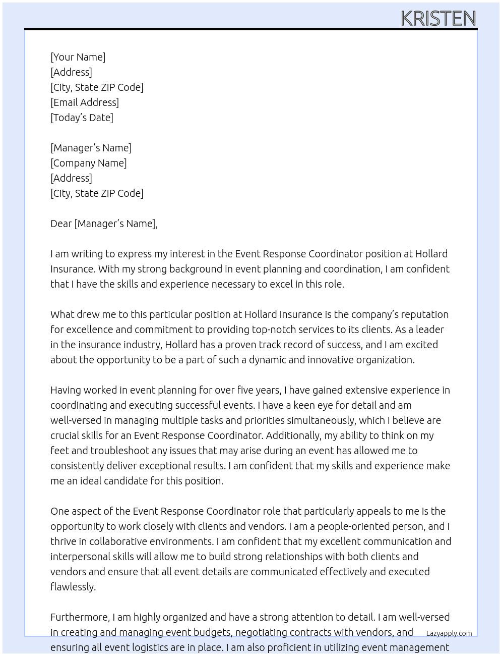 Event Response Coordinator At Hollard Insurance Cover Letter