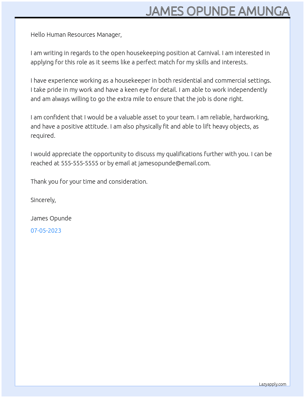 Housekeeping  At Carnival  Cover Letter