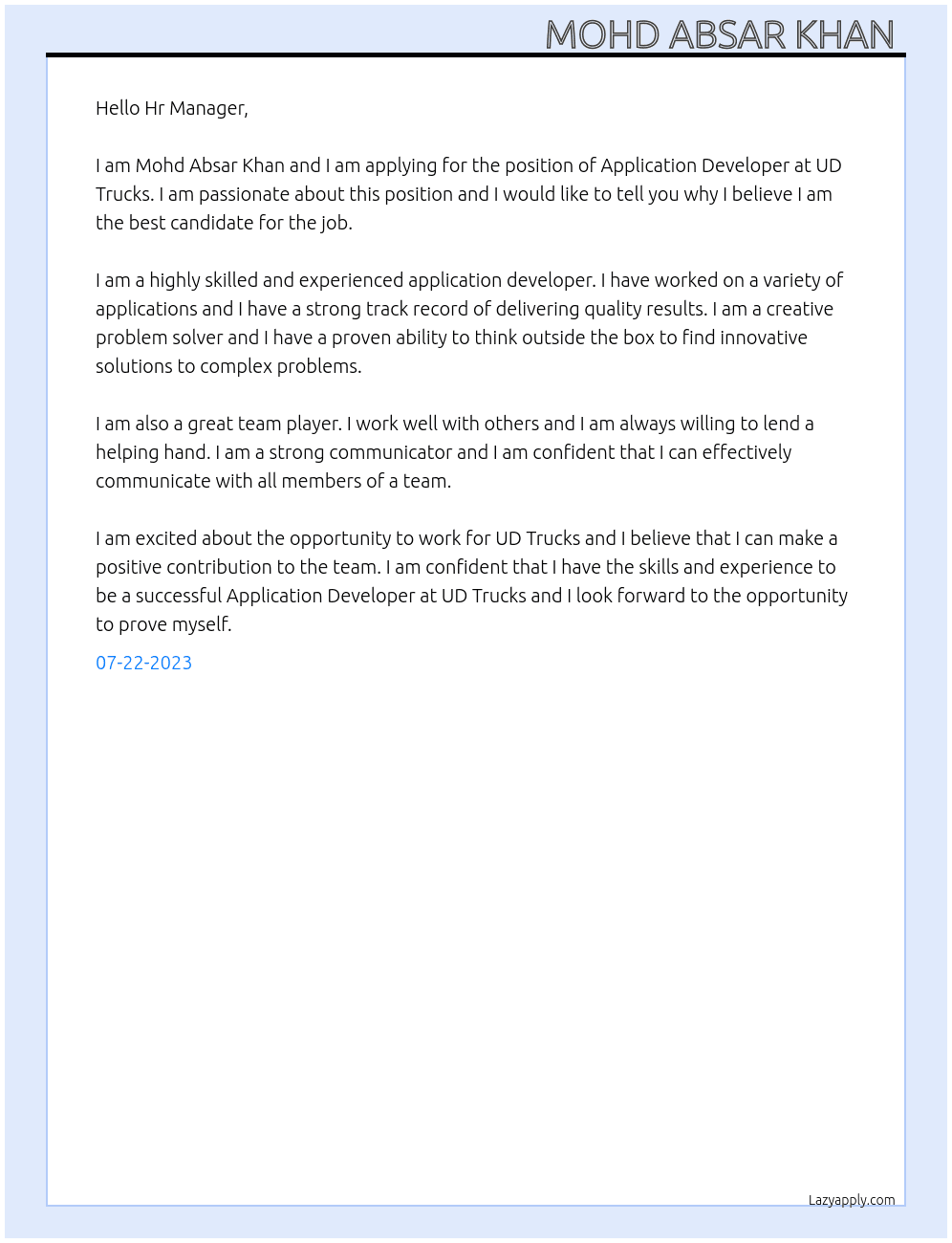 Application Developer  At UD Trucks Cover Letter