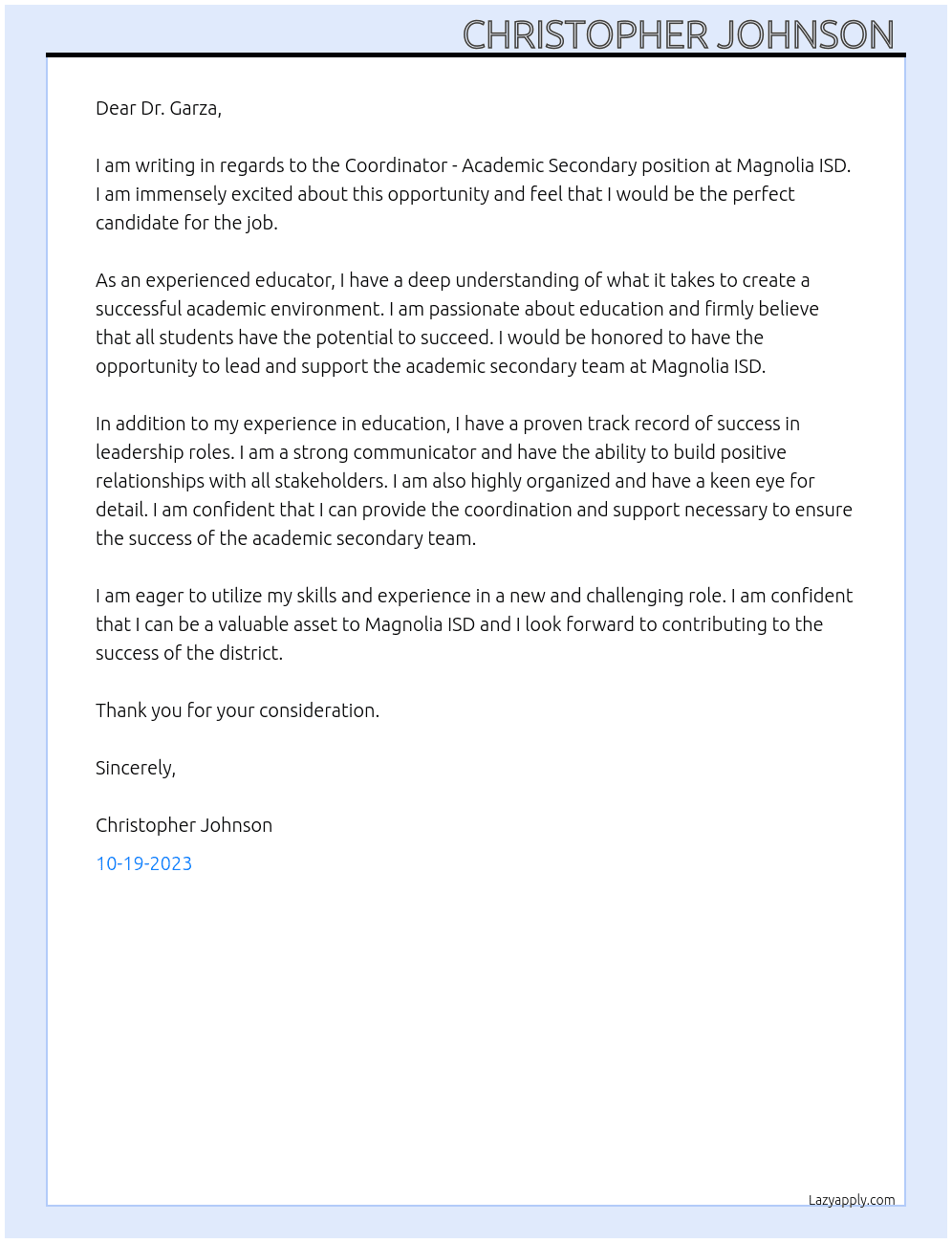 Coordinator - Academic Secondary  At Magnolia ISD Cover Letter