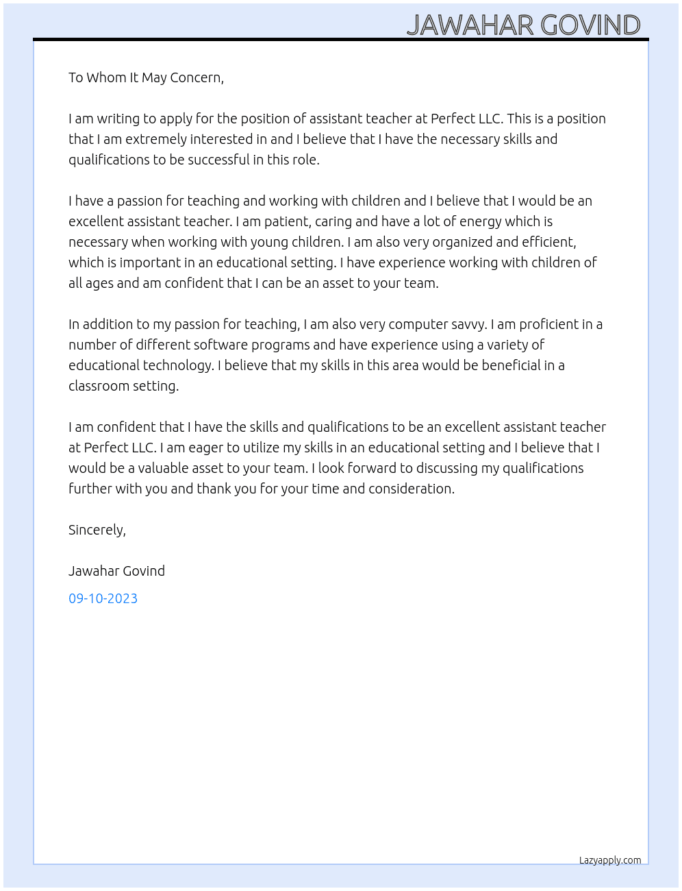 Assistant teacher  At Perfect LLC. Cover Letter