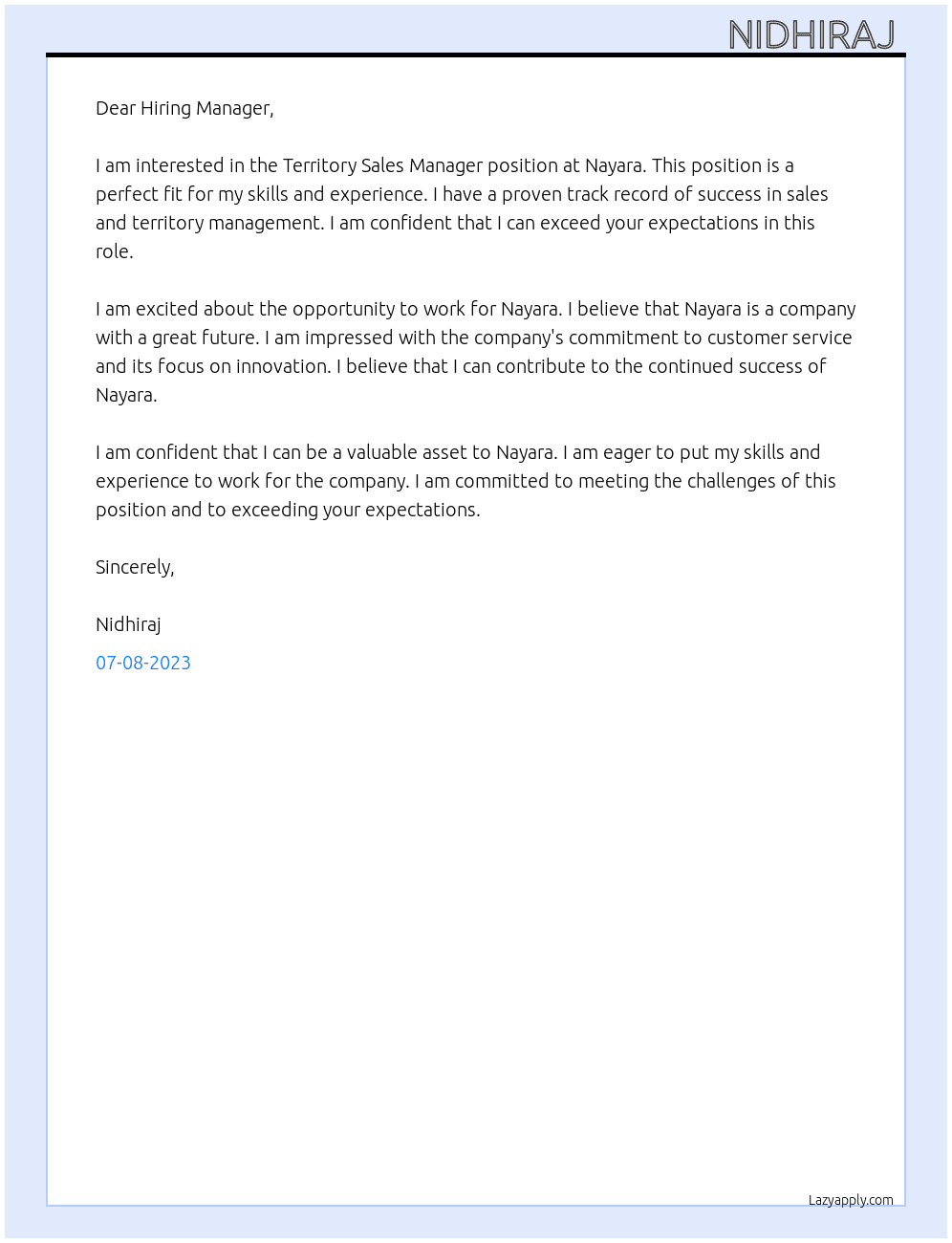Territory sales manager  At Nayara  Cover Letter
