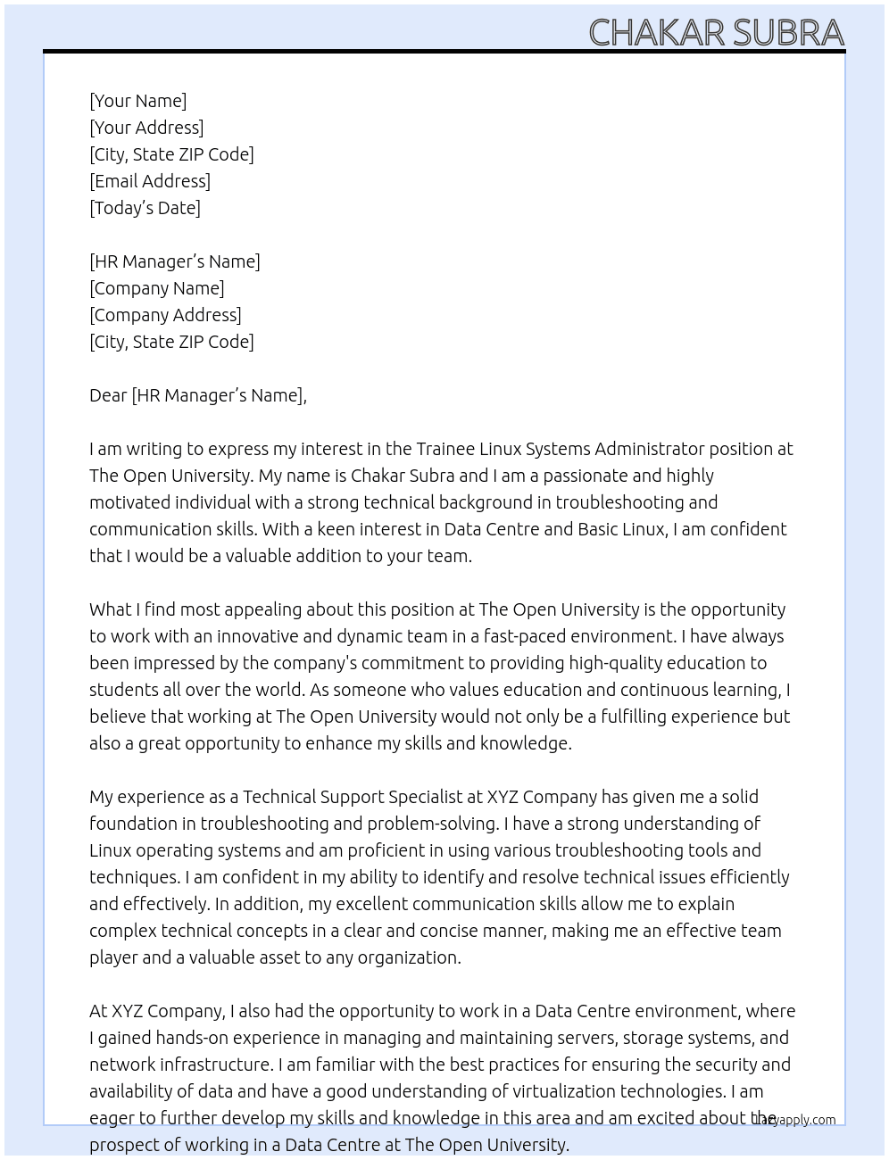Trainee Linux Systems Administrator At The Open University Cover Letter