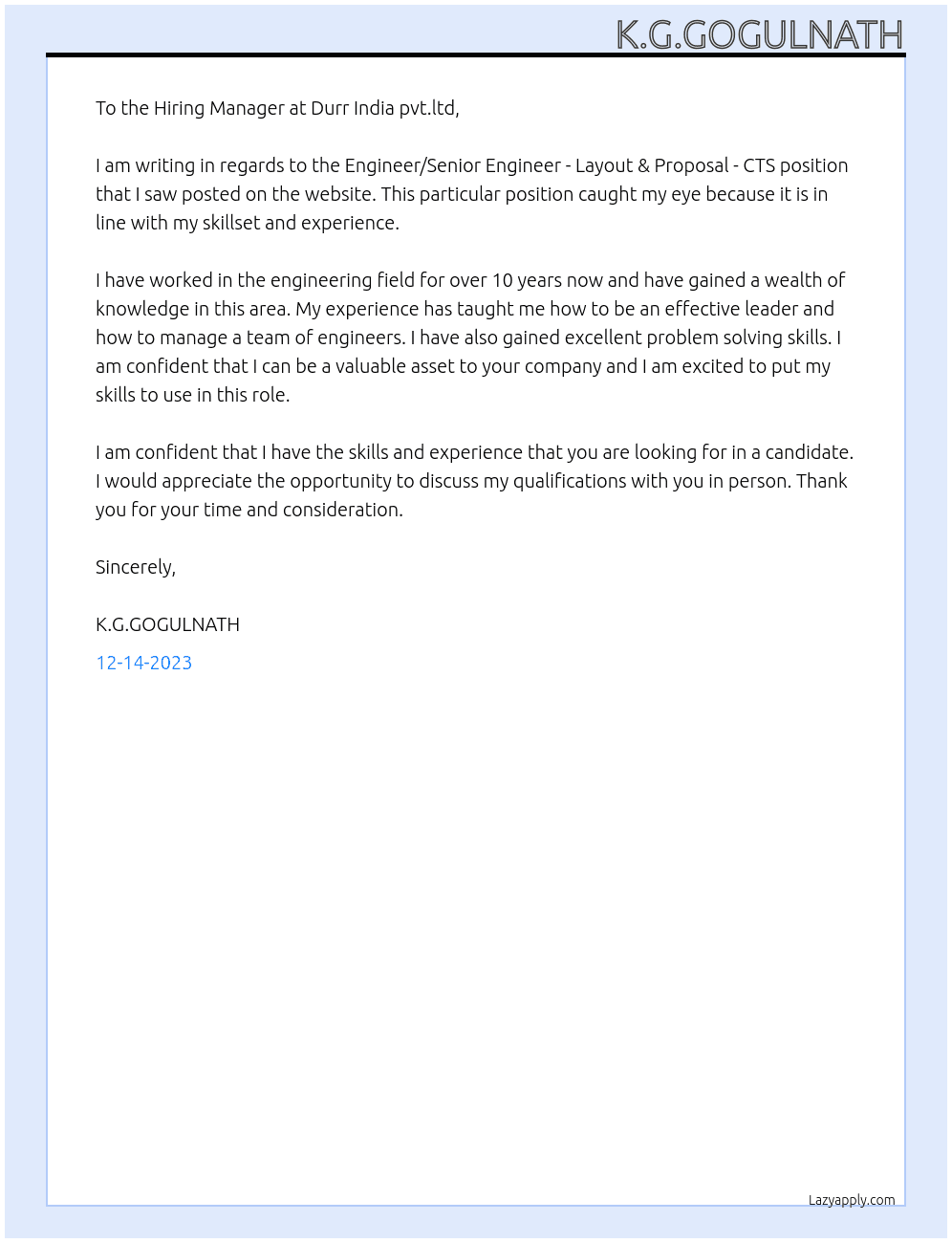 Engineer / Senior Engineer - Layout & Proposal - CTS At Durr India pvt.ltd Cover Letter