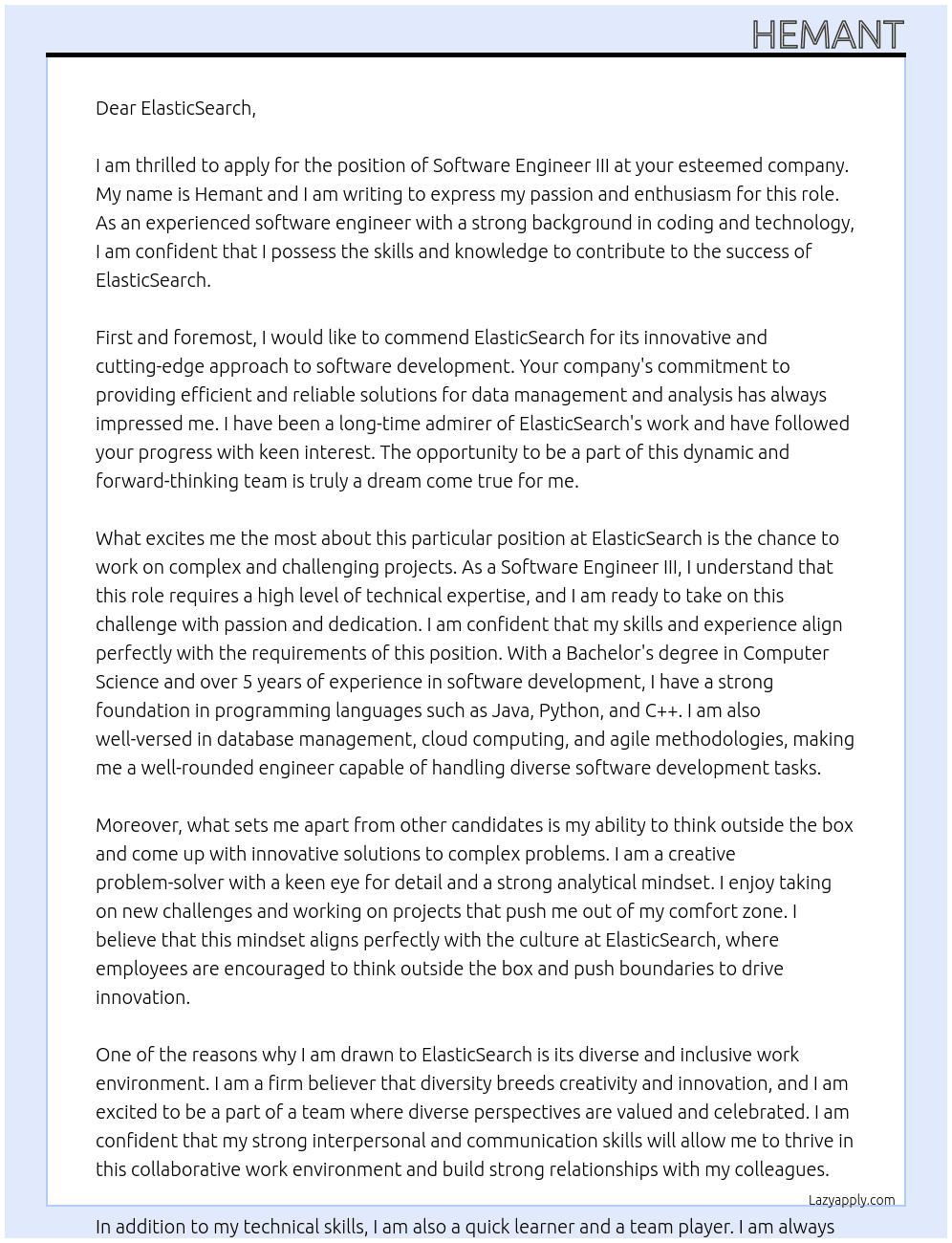 Software Engineer III At ElasticSearch Cover Letter