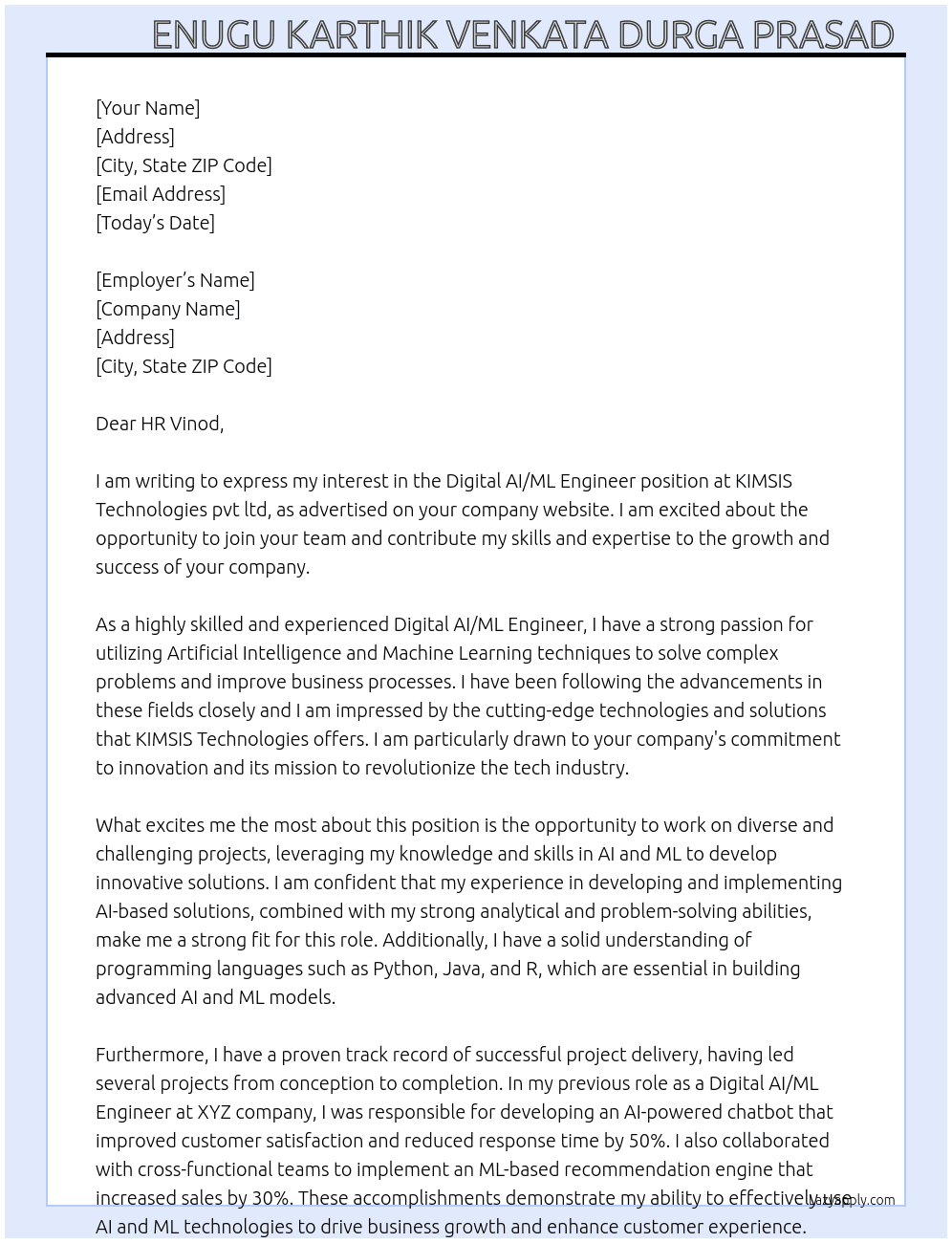 Digital AI/ML Engineer At KIMSIS Technologies pvt ltd Cover Letter