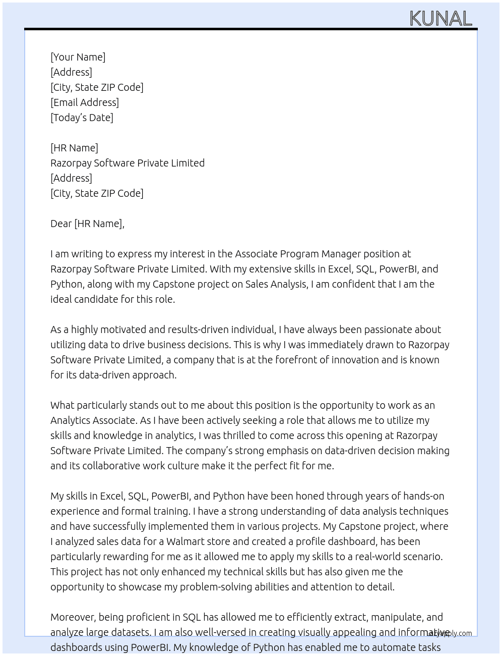Associate Program Manager At Razorpay Software Private Limited Cover Letter