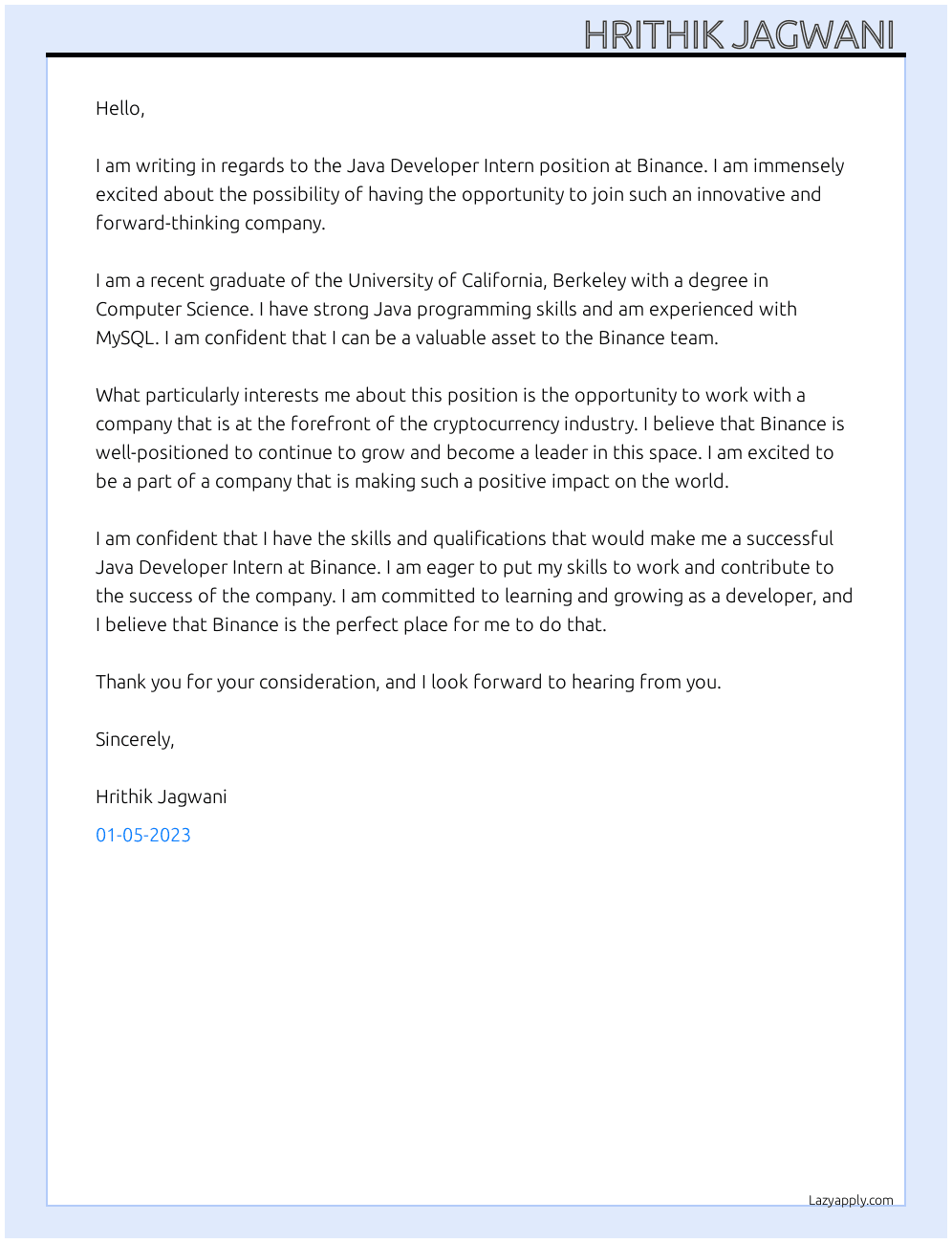 Java Developer Intern At Binance Cover Letter