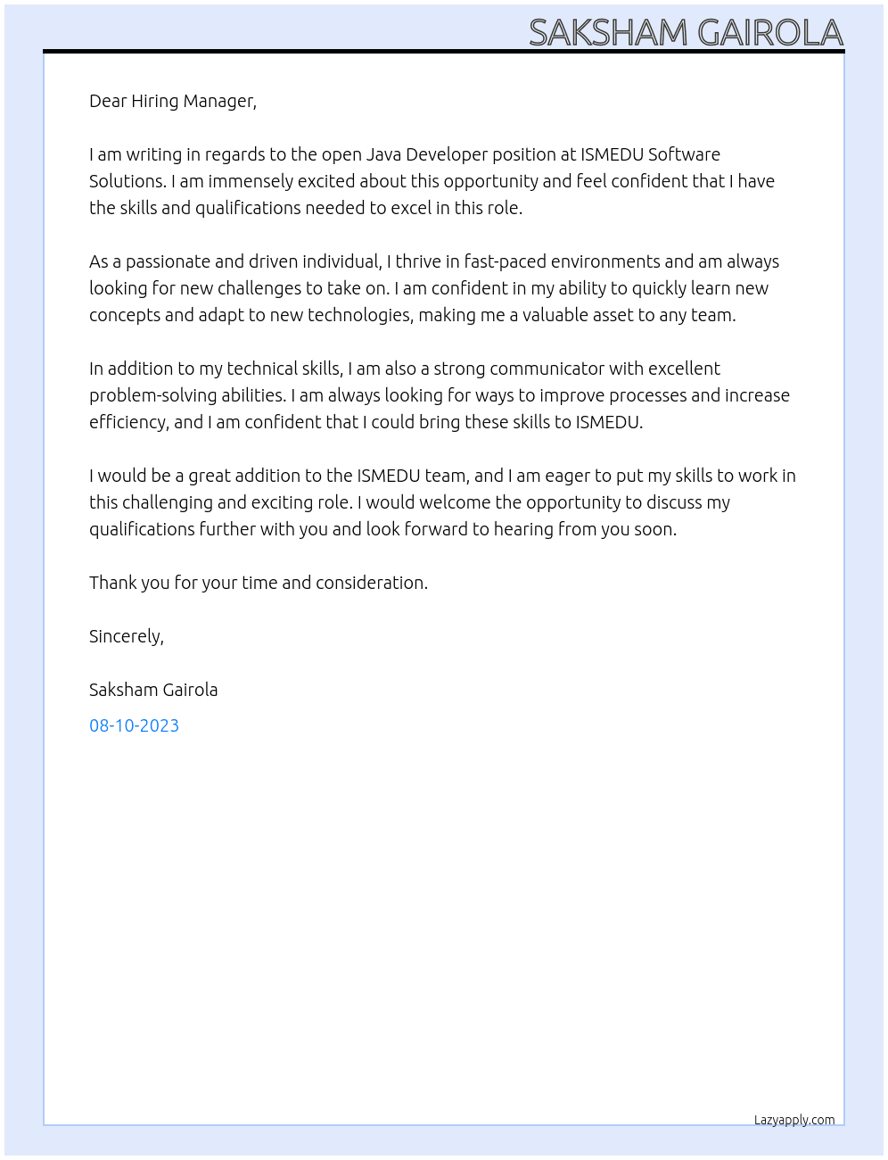 Java Developer At ISMEDU Software Solutions Cover Letter