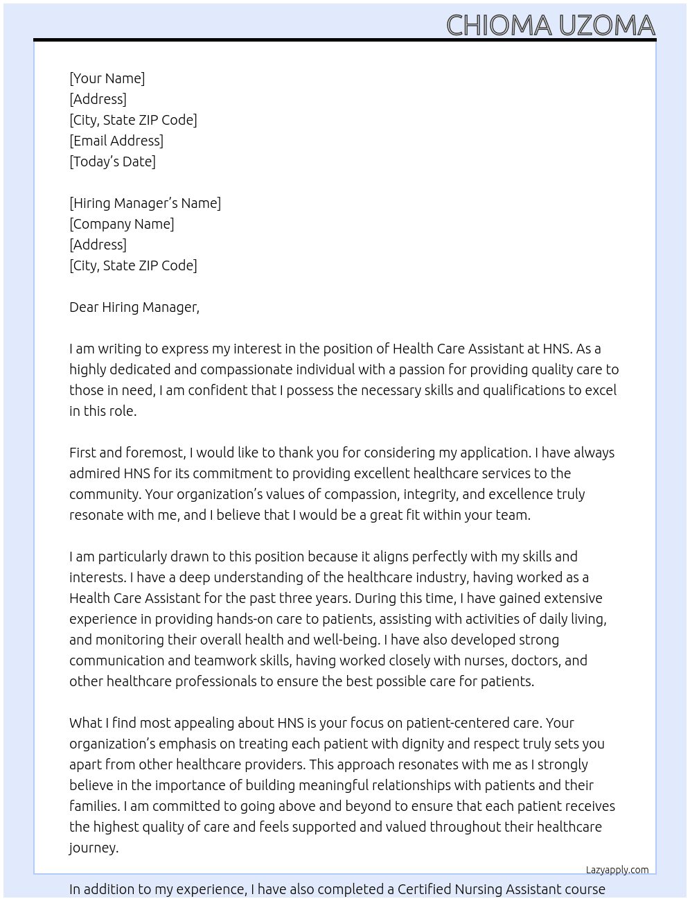 Health care assistant At hns Cover Letter