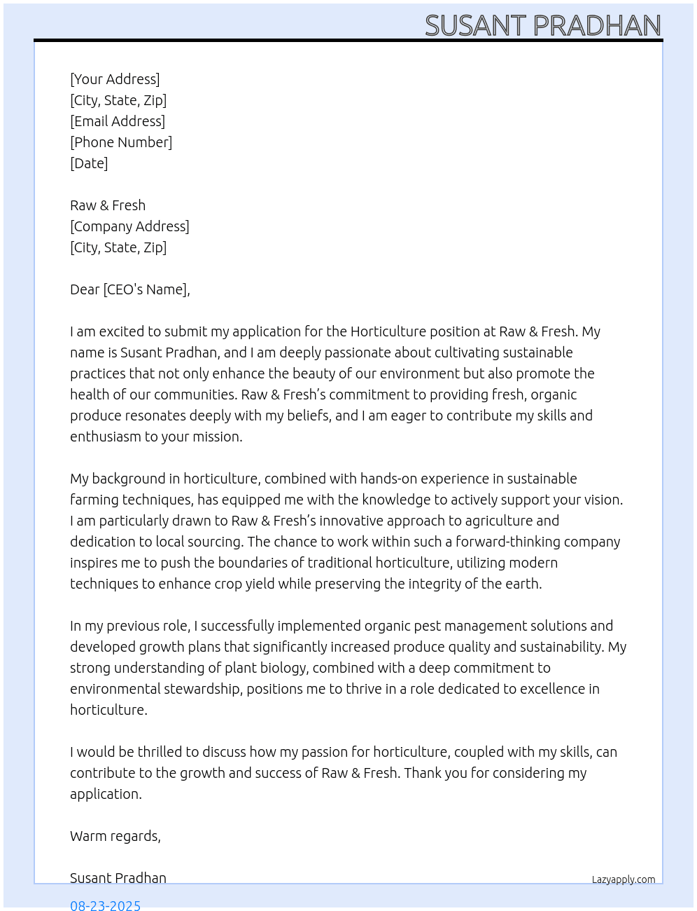 Horticulture At Raw & fresh' Cover Letter