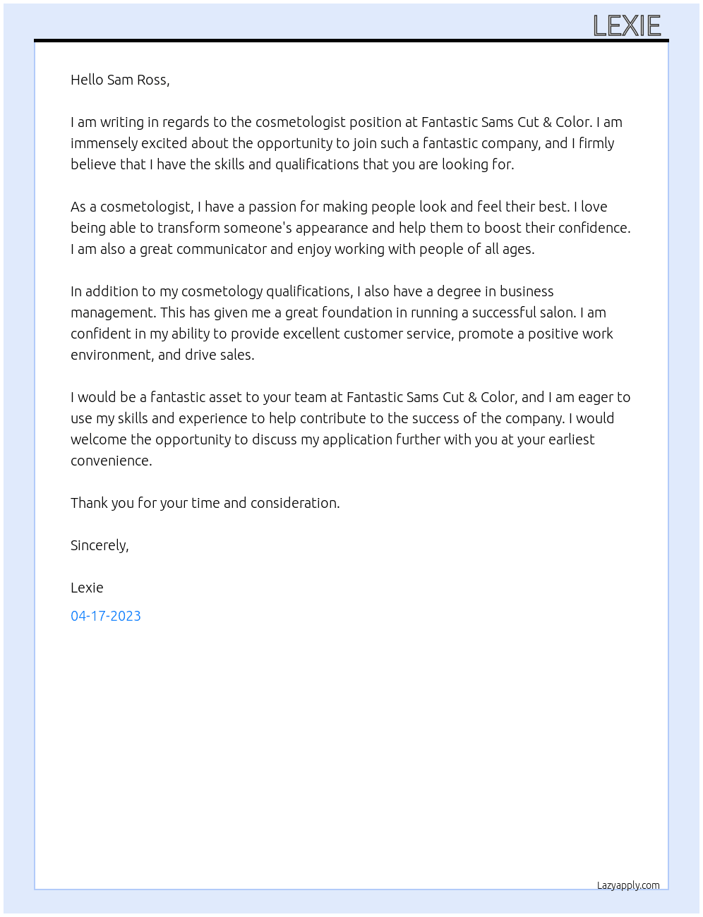 Cosmetologist  At Fantastic Sams Cut & Color Cover Letter