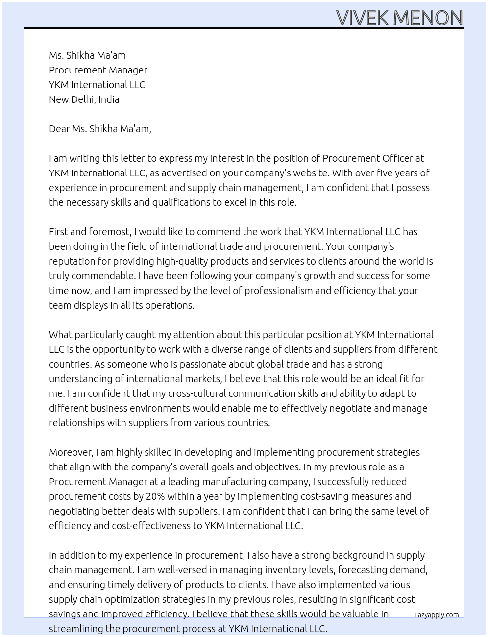 Procurement Officer At YKM International LLC.  Cover Letter