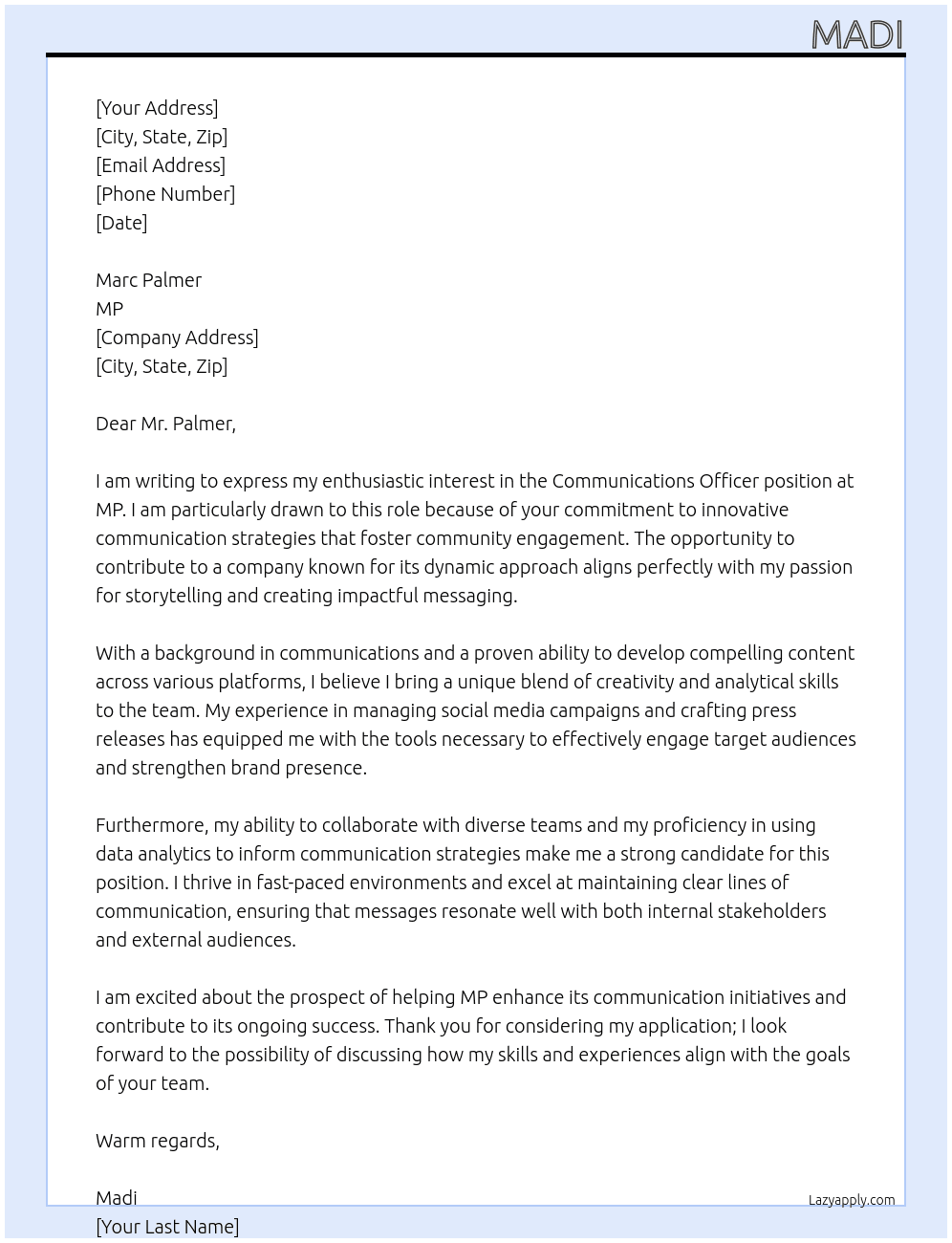 Communications officer  At MP Cover Letter