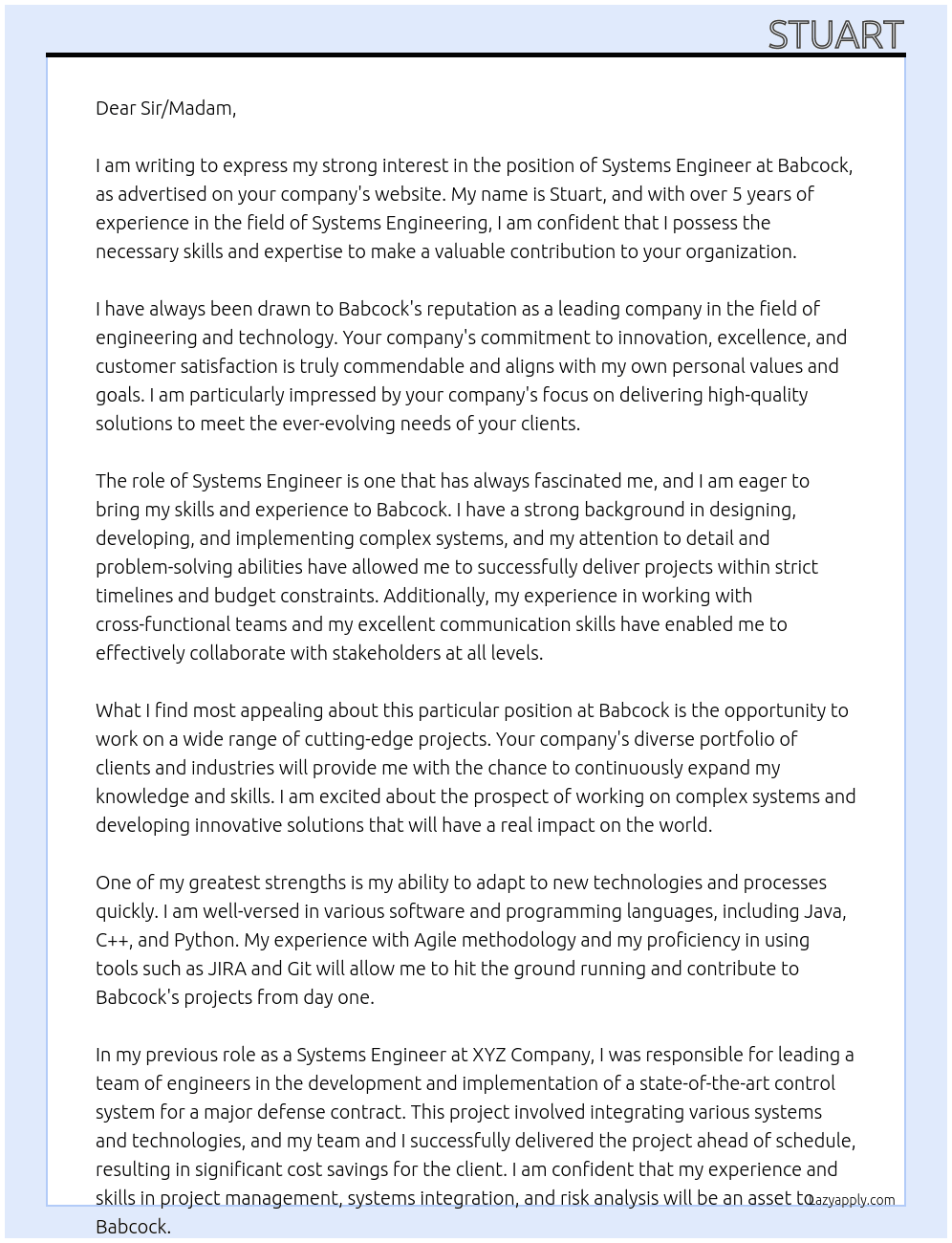Systems engineer At Babcock Cover Letter
