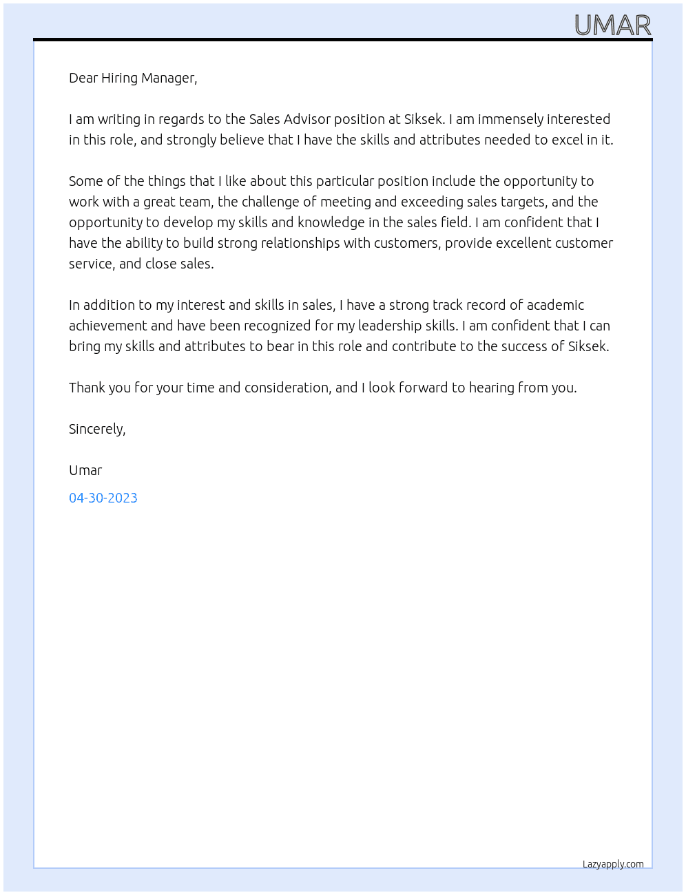 Sales Advisor At Siksek Cover Letter
