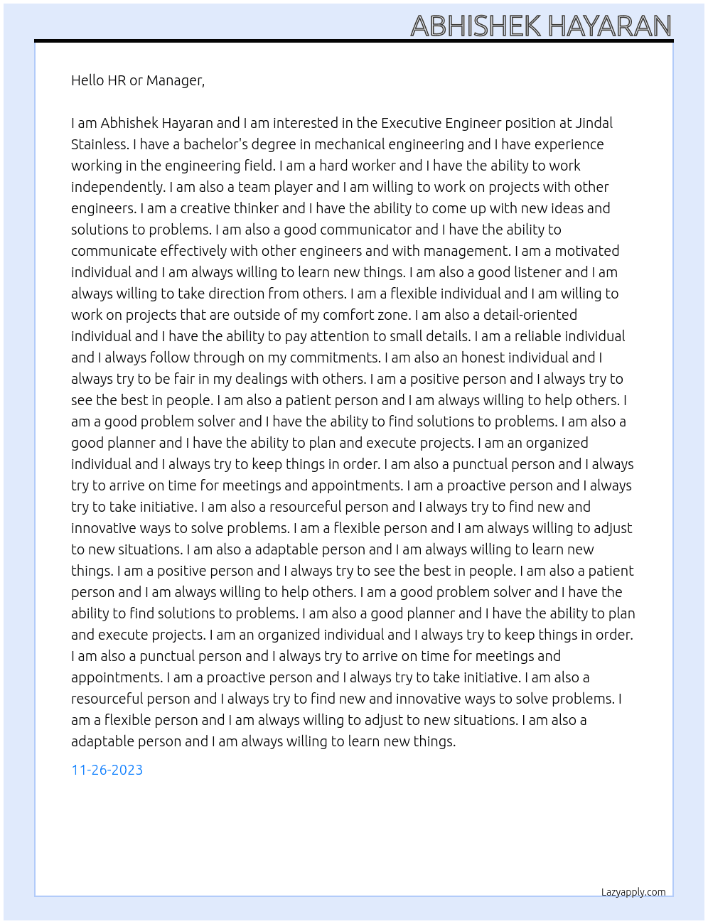Executive Engineer  At Jindal Stainless  Cover Letter