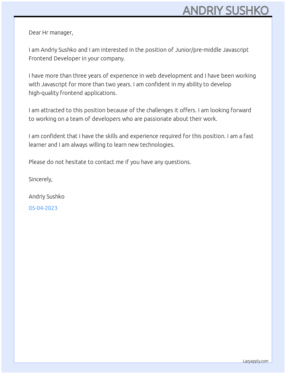 Junior/pre-middle Javascript Frontend Developer At Uran Company Cover Letter