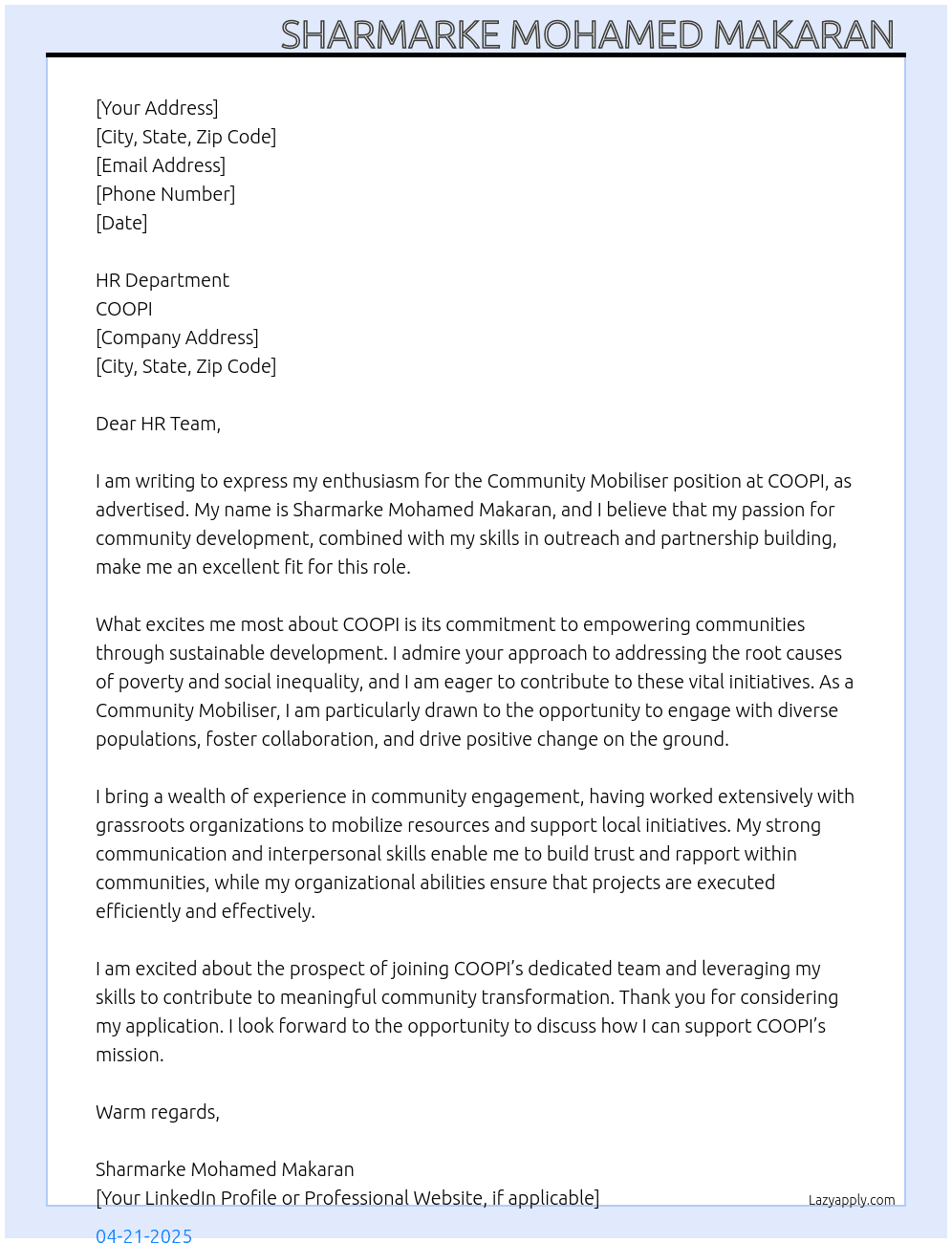 Community Mobiliser At COOPI  Cover Letter