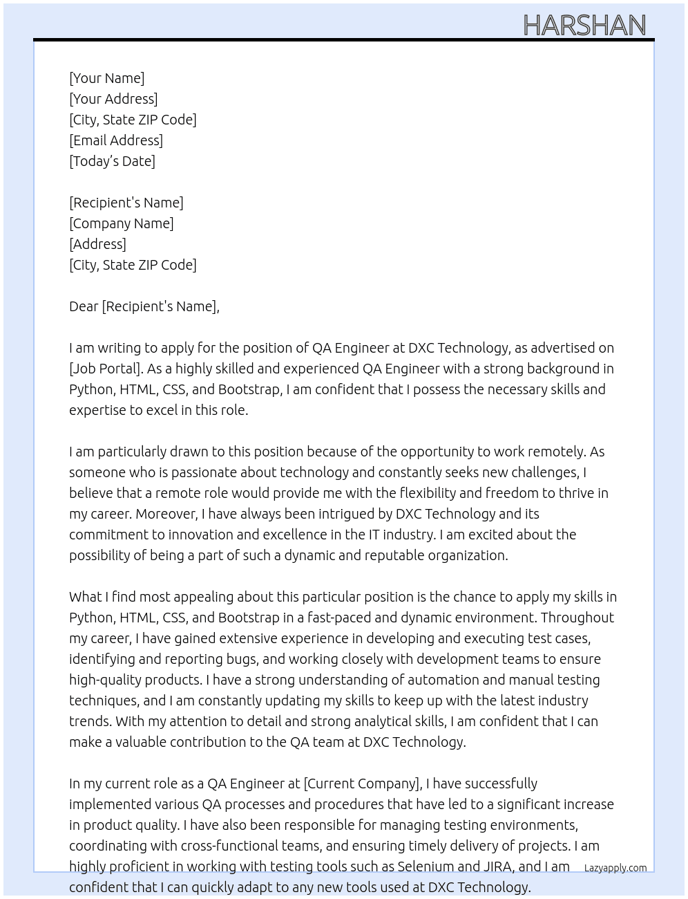 QA engineer At DXC Technology Cover Letter