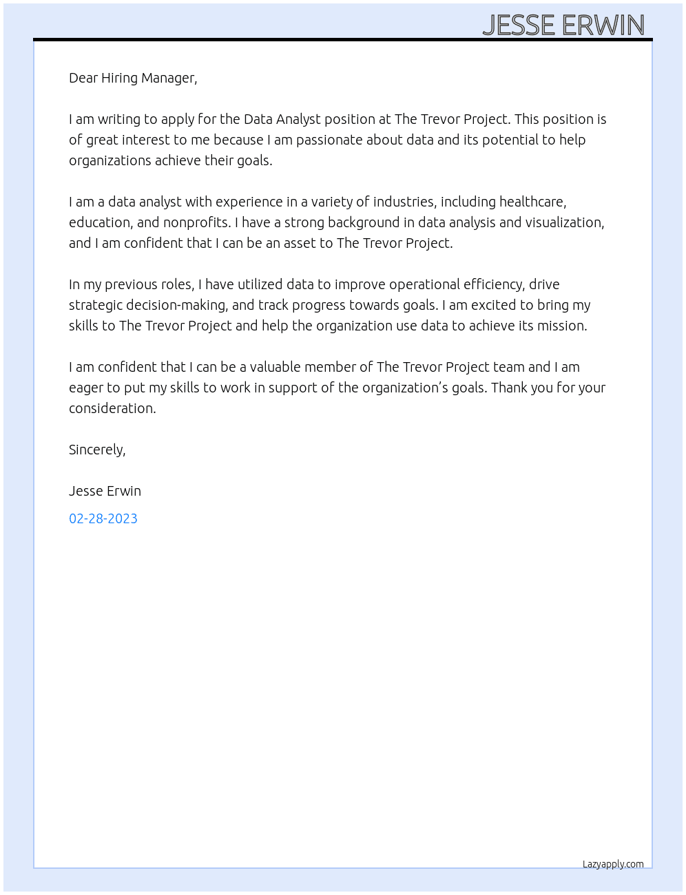 Data Analyst At The Trevor Project Cover Letter