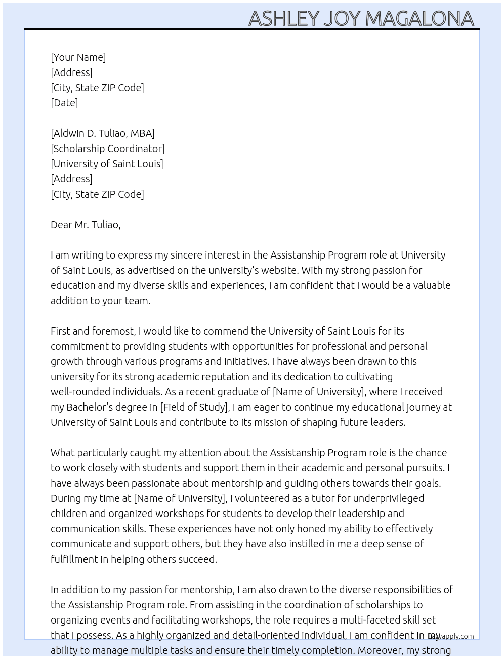 Assistanship Program  At University of Saint Louis  Cover Letter