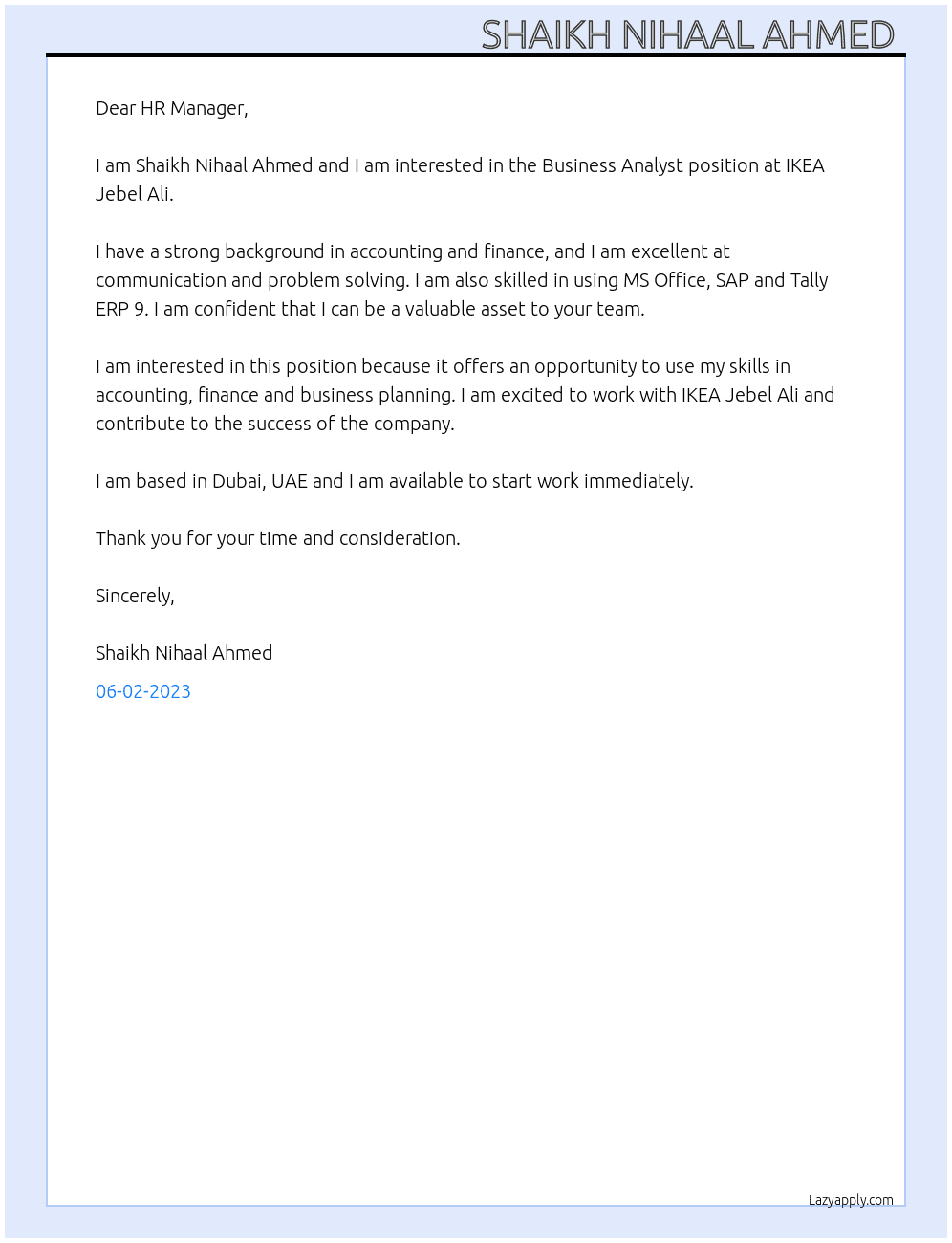 Business analyst  At IKEA Jebel Ali  Cover Letter