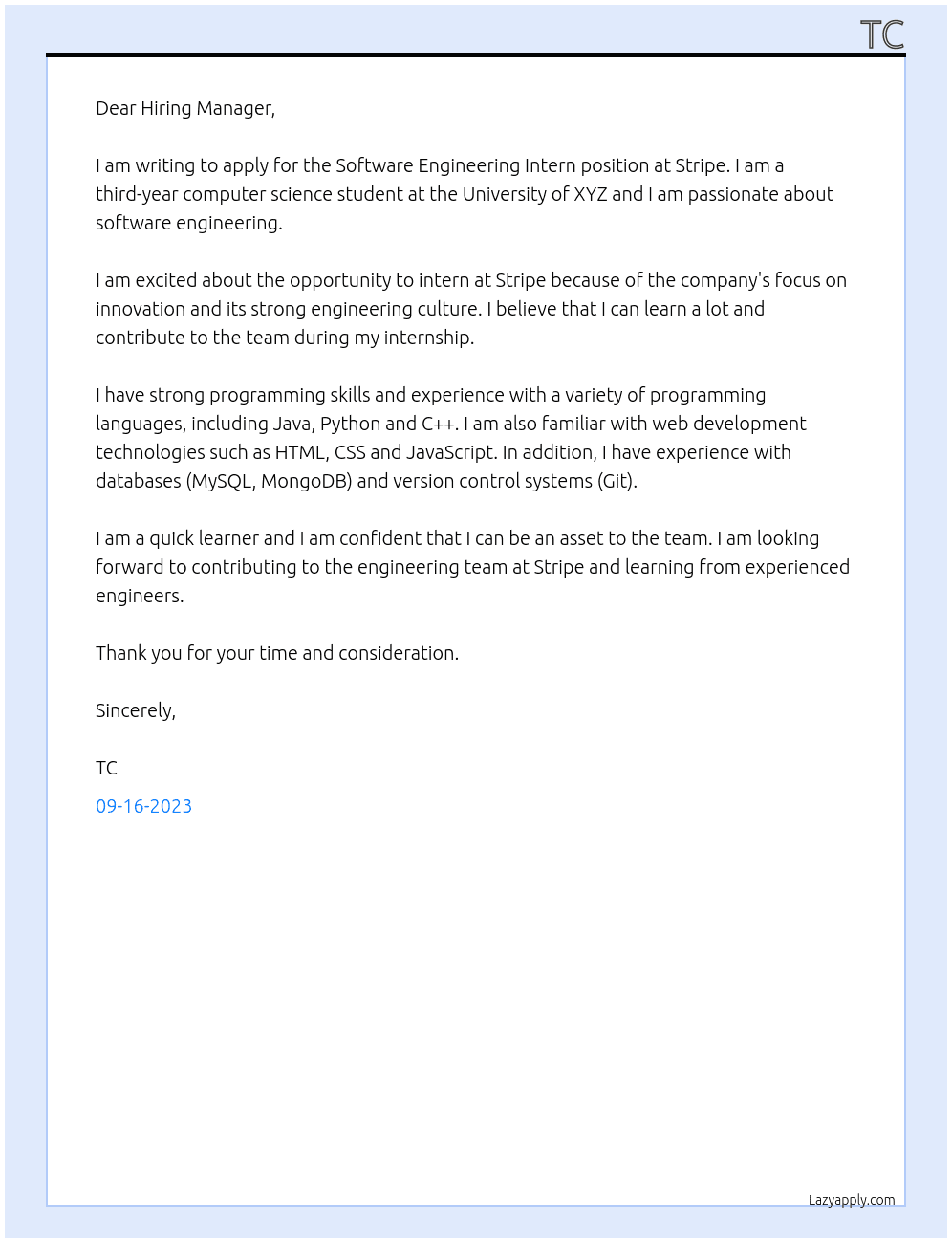 Software Engineering Intern At Stripe Cover Letter
