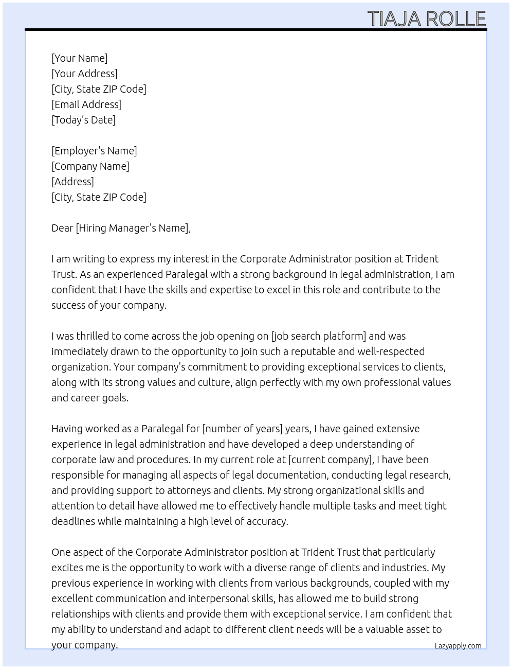 Corporate Administrator At Trident Trust Cover Letter