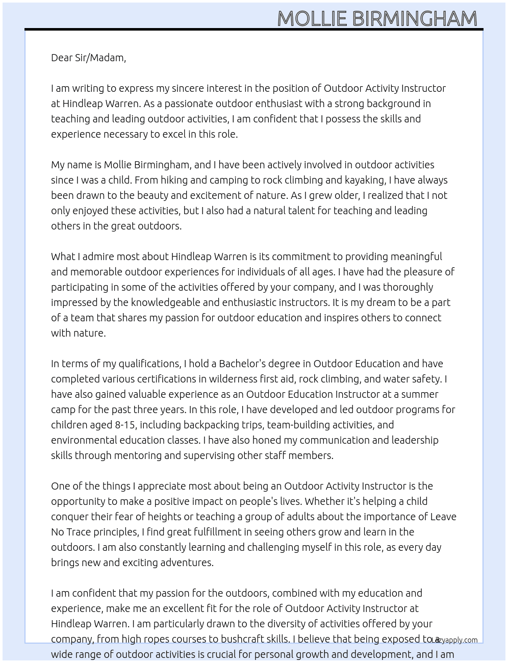 Outdoor activity instructor  At Hindleap Warren  Cover Letter