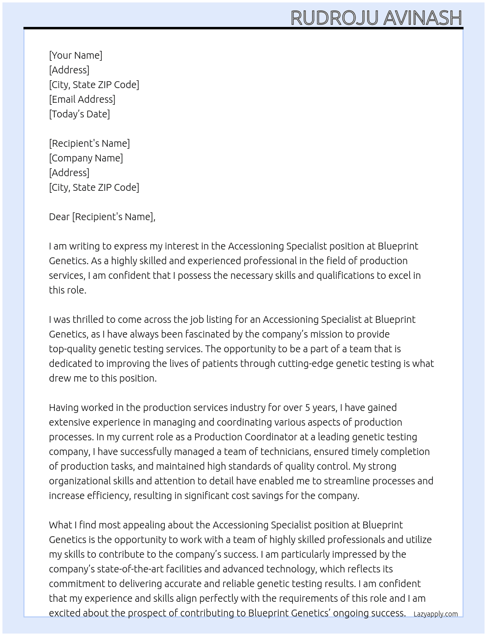 accessioning specialist At Blueprint Genetics Cover Letter