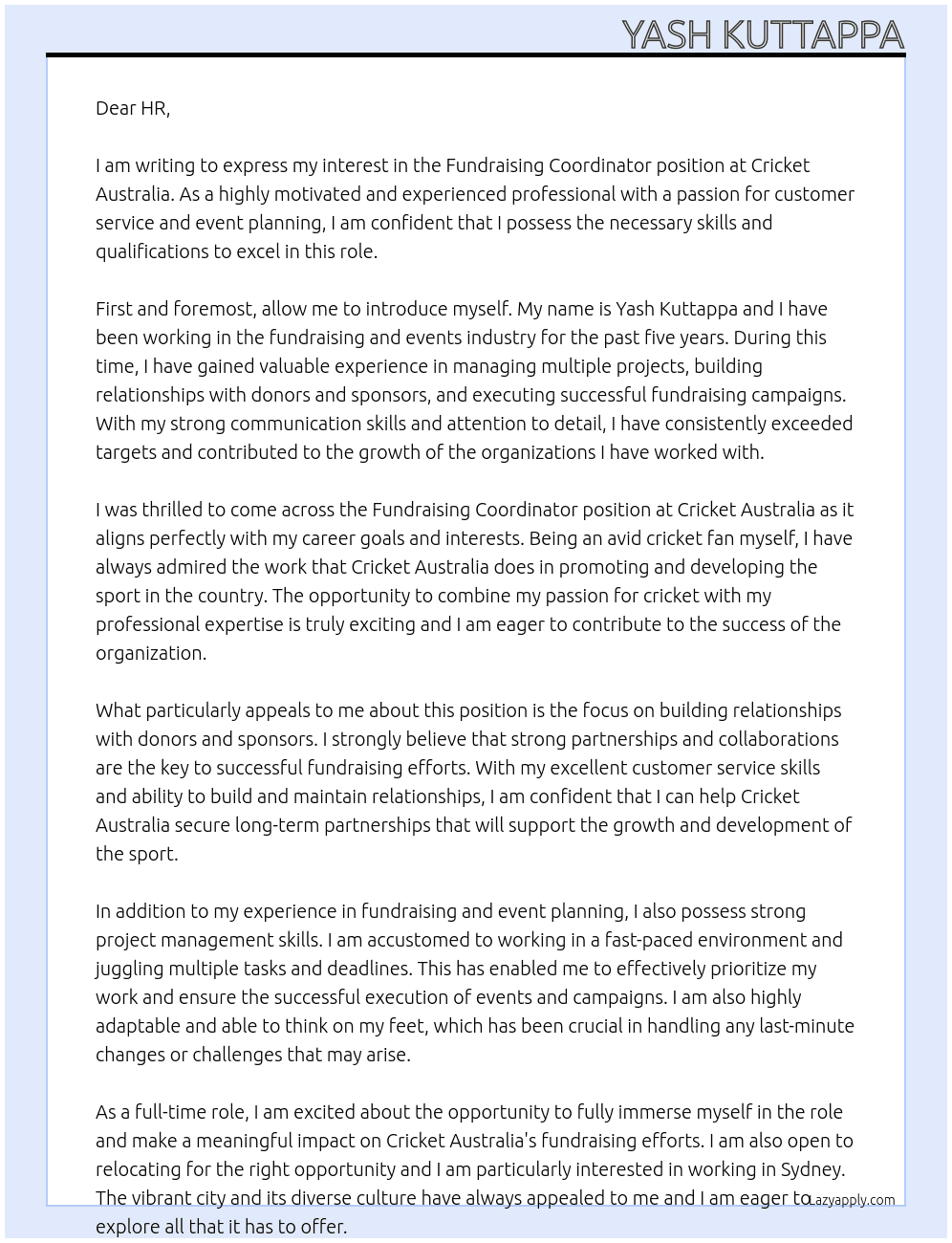 Fundraising Coordinator  At cricket austraila Cover Letter