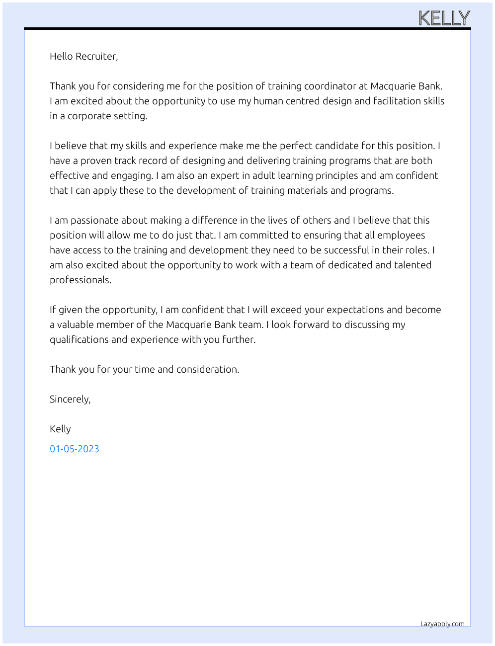 Training coordinator At Macquarie bank Cover Letter