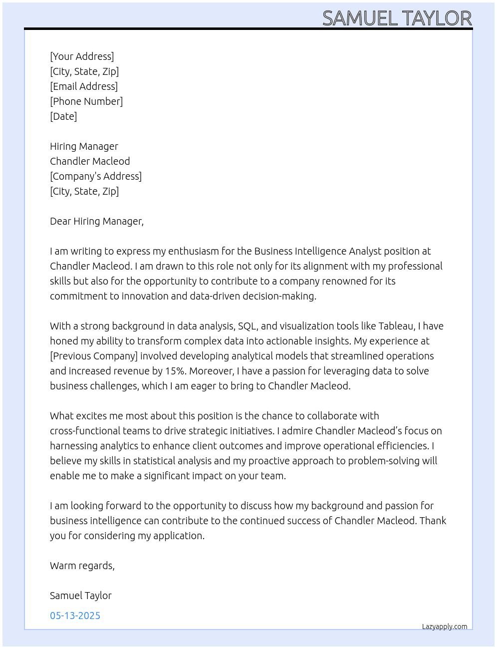 Business Intelligence Analyst At Chandler Macleod Cover Letter