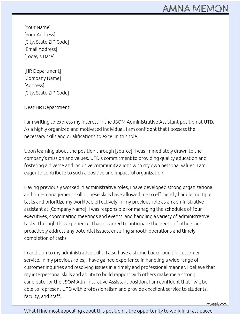JSOM Administrative Assistant  At UTD Cover Letter