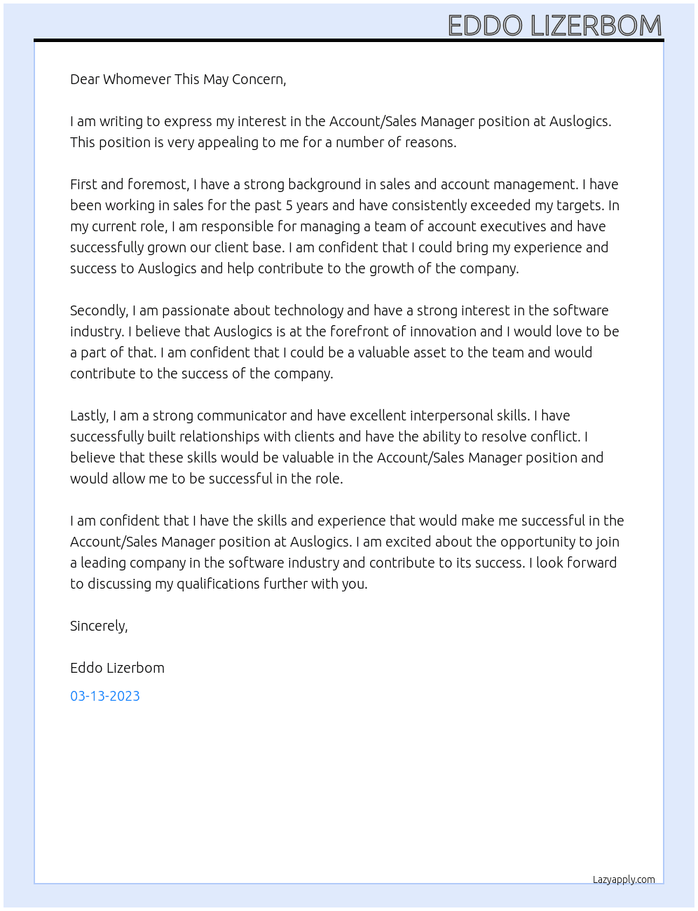 Account/Sales Manager At Auslogics Cover Letter