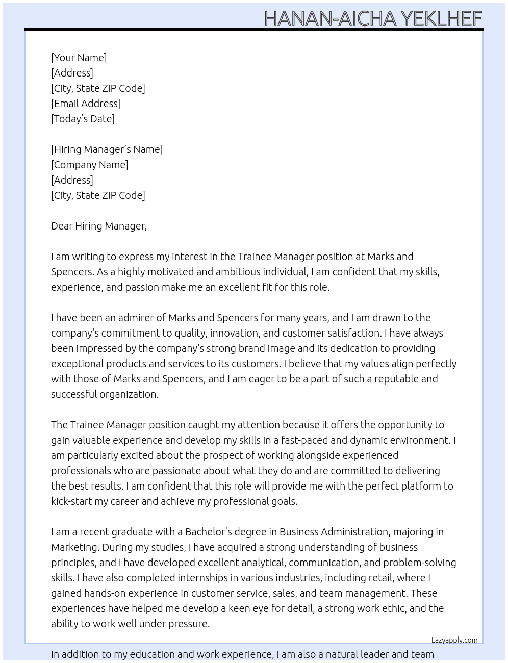 Trainee Manager At Marks and Spencers Cover Letter