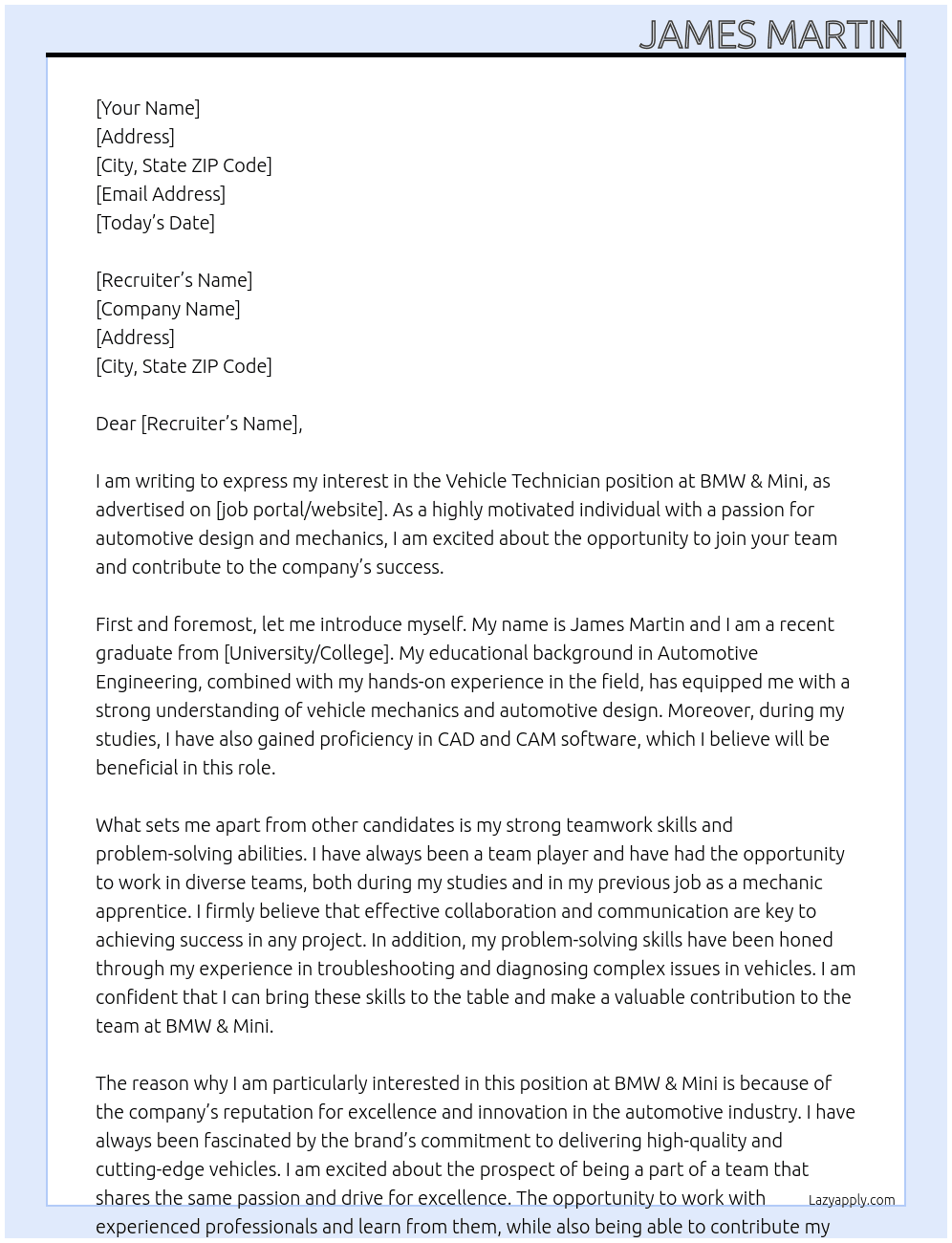 vehicle technician  At BMW & Mini Cover Letter