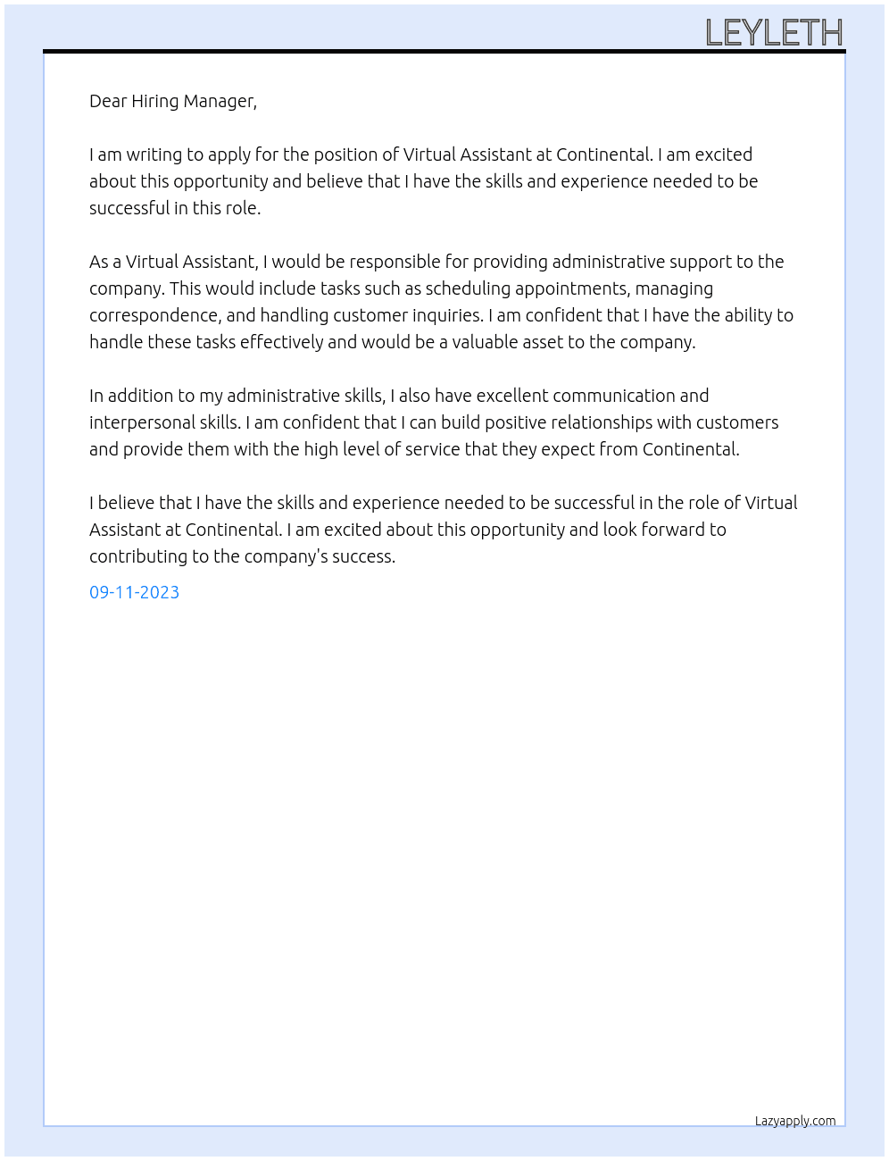 Virtual Assistant At Continental Cover Letter