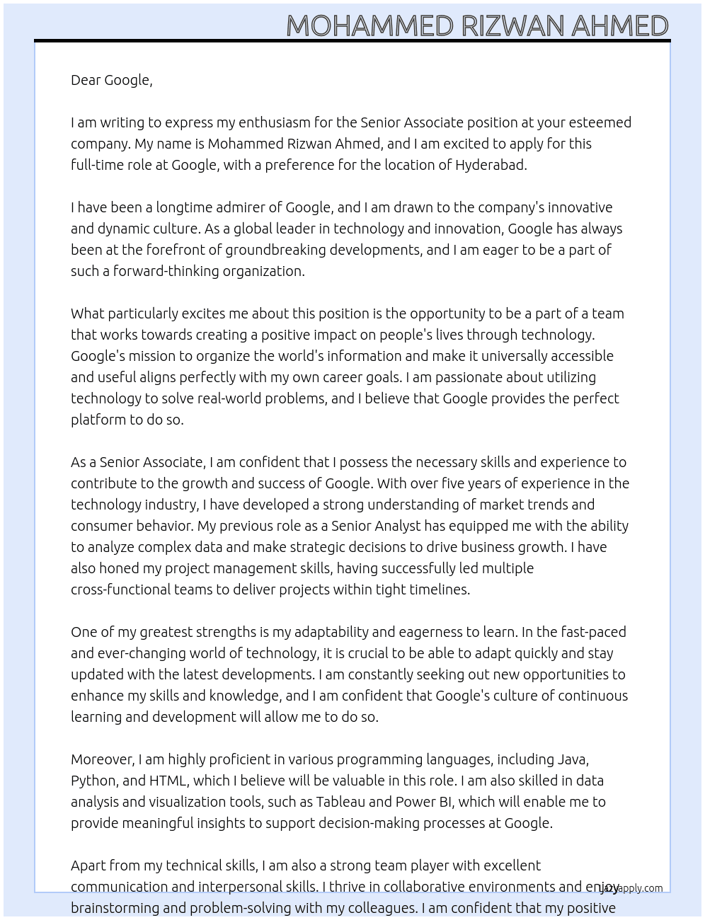 Senior Associate At google Cover Letter