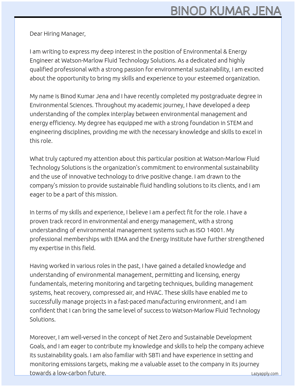 Environmental & Energy Engineer  At EnvironmentaWatson-Marlow Fluid Technology Solutions Cover Letter