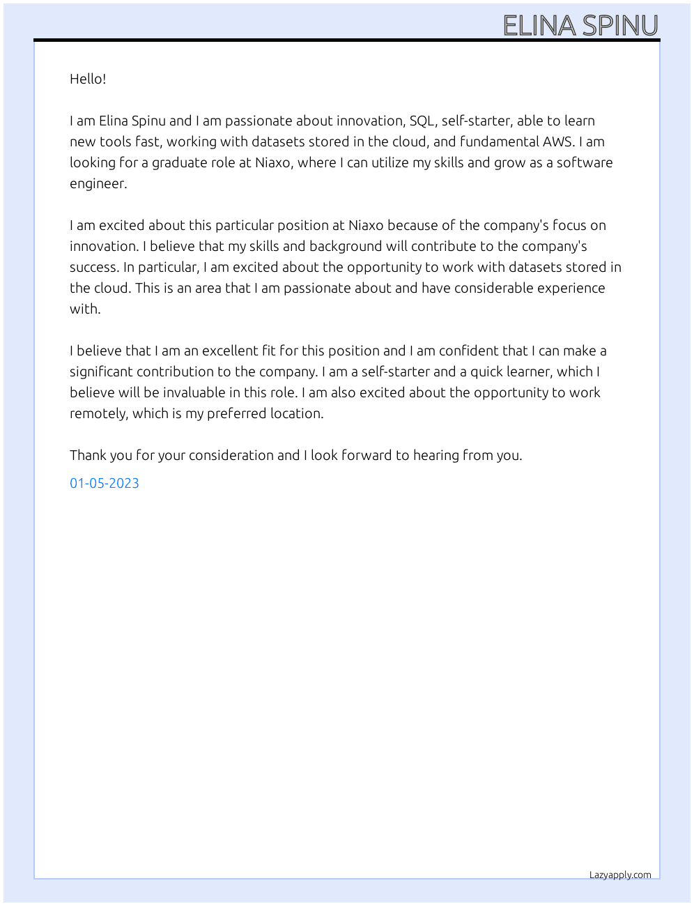 Software Engineer At Niaxo  Cover Letter