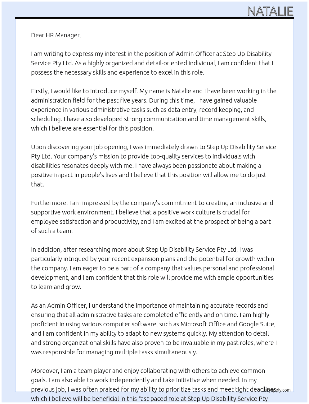 Admin Officer At Step Up Disability Service Pty Ltd Cover Letter