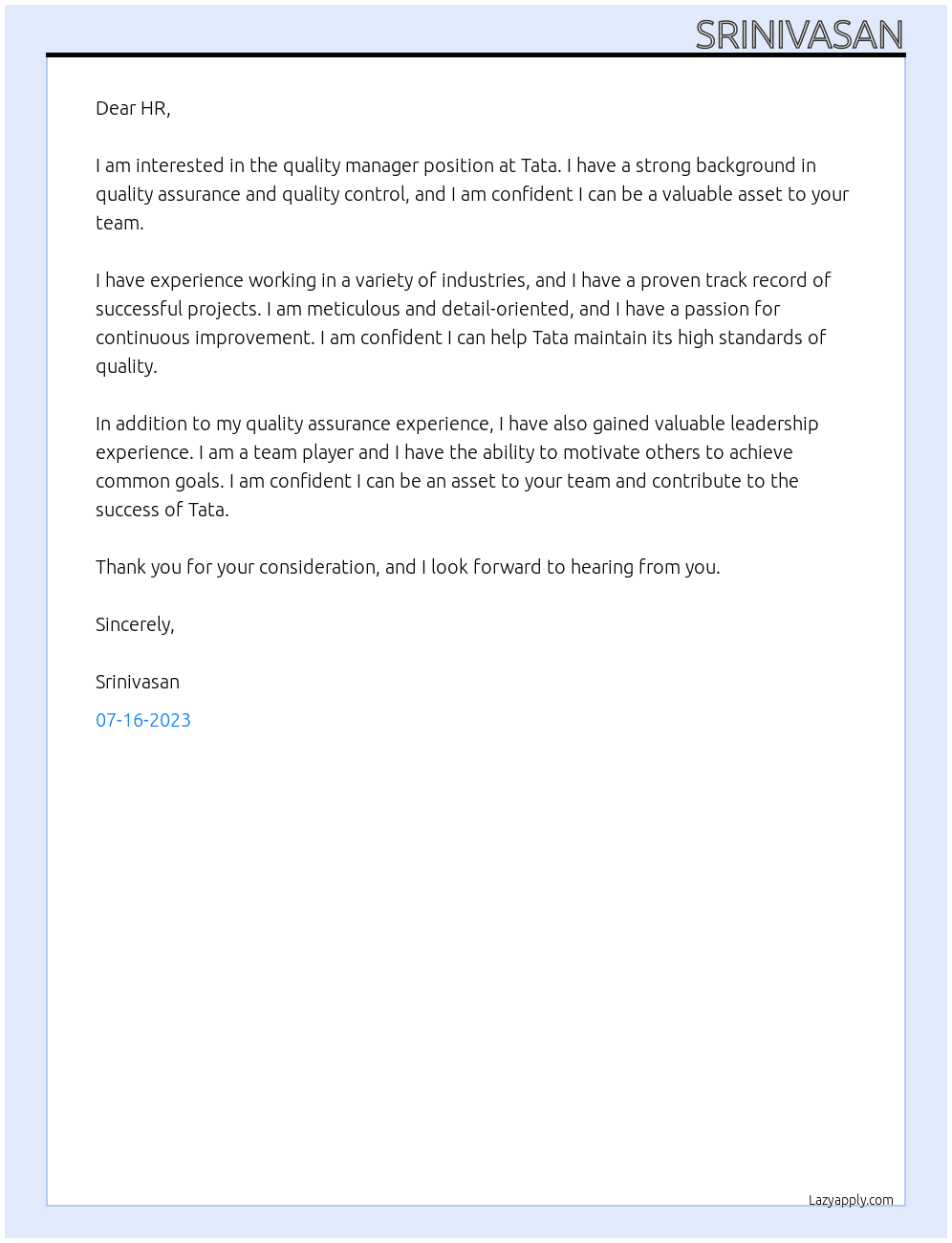 Quality manager At Tata  Cover Letter