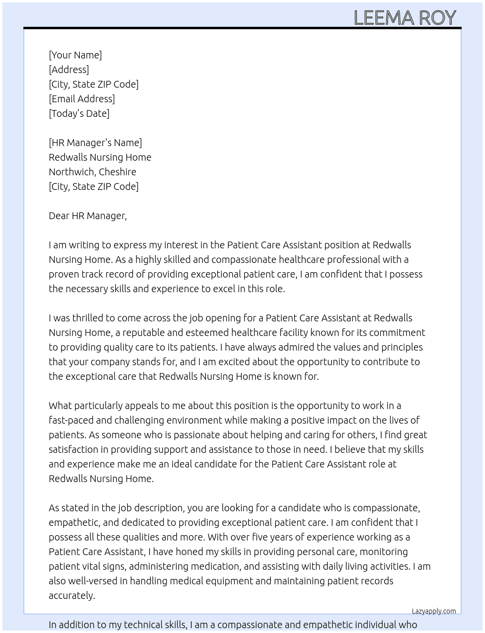 Patient care Assistant  At Redwalls Nursing Home, Northwich, Cheshire Cover Letter